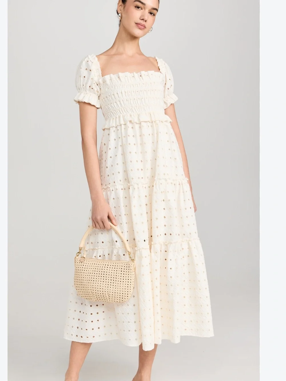 O.P.T WOMENS BOBI EYELET SMOCKED MAXI DRESS IVORY CREAM SMALL COTTON